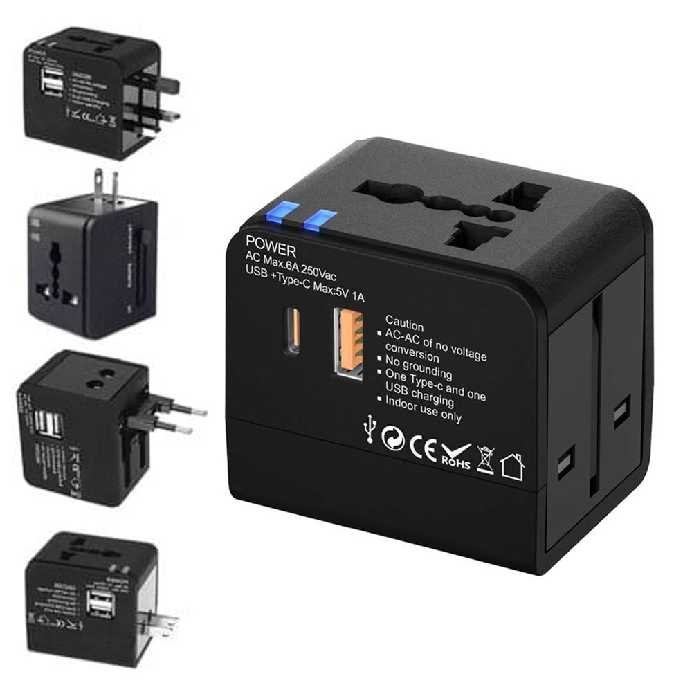 محول كهربائي للسفر متعدد الوظائف مع منفذ USB و USB-A Travel Power Adapter Type-C
